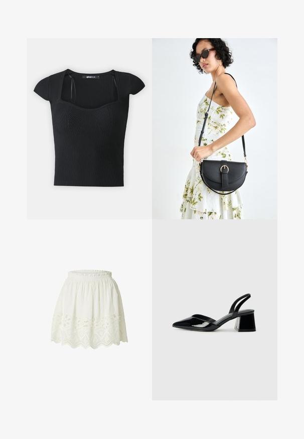 Top en tricot côtelé noir à manches courtes, décolleté carré et détails texturés sur le buste. Étiquette visible à l'intérieur du col.; Jupe en coton blanc avec une taille froncée, ornée de découpes brodées délicates le long de l'ourlet dans un motif festonné.; Escarpins en cuir verni noir avec bout pointu et talon bloc géométrique. Présente un design élégant et minimaliste ainsi qu'une texture lisse.; Sac à main en cuir noir avec une forme courbée, bandoulière amovible et des accessoires en or. Le sac est doté d'un rabat avec un détail de boucle.