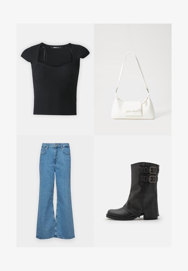 Černý pletený top s krátkými rukávy, čtveratým výstřihem a texturou na těle. Štítek viditelný uvnitř límce.; Světle modré rozšířené džíny z denimu, se zvýšeným pasem, pěti kapsami a jedním knoflíkem na zapínání. Měkký povrch s vybledlým vzhledem.; Even&Odd Kovbojské/motorkářské kozačky - black; Bílá syntetická kabelka v trojúhelníkovém tvaru, s plochým předním klopným víkem a detailem mašle, nastavitelným popruhem, hladkým povrchem a minimalistickým designem.