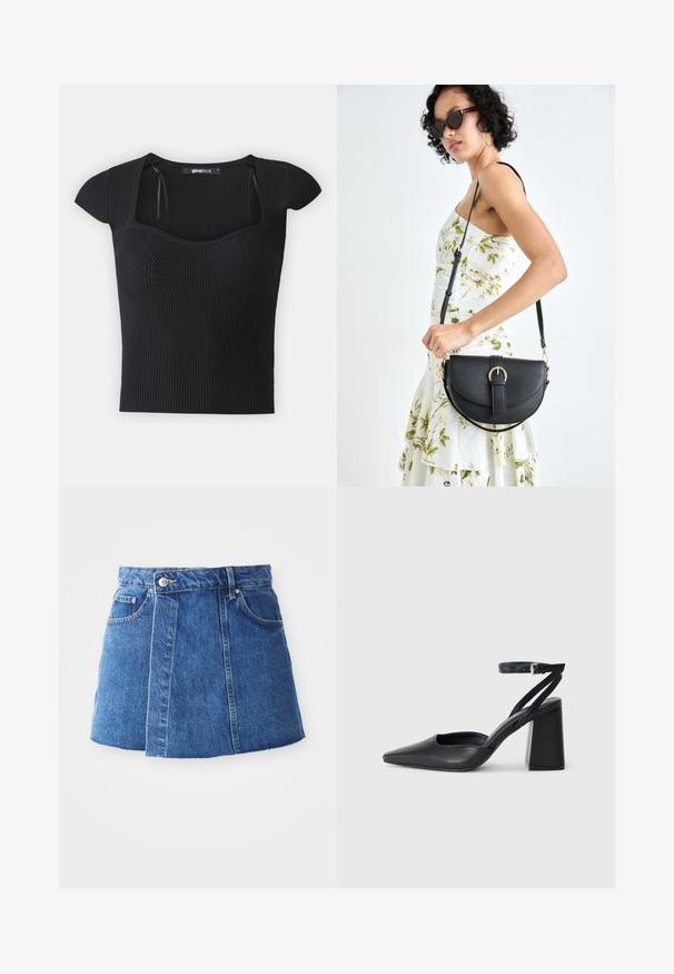 Čierny rebrovaný pletený top s krátkymi rukávmi, štvorcovým výstrihom a textúrovanými detailmi na korzete. Etiketa viditeľná vo vnútri goliera.; Denim mini sukňa stredne modrej farby s vysokým pásom, predným zapínaním na gombíky, dvoma vreckami a surovým lemom na spodnej časti.; Čierne kožené lodičky s špicatou špičkou a členkovým remienkom, s masívnym podpätkom. Hladký povrch, elegantný dizajn a minimalistická estetika.; Čierna kožená kabelka s zaobleným tvarom, odnímateľným popruhom a zlatými doplnkami. Kabelka má klopu s detailom s prackou.
