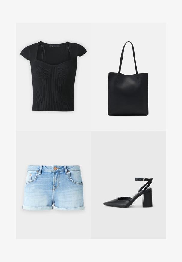 Musta ribbed neulepaita lyhyillä hihoilla, nelikulmaisella kaula-aukolla ja tekstuurilla somistettu yläosa. Tunniste näkyvissä kauluksessa.; Farkkushortsit vaaleansinisessä sävyssä, taitetulla helmalla, jossa on nappikiinnitys, viisi taskua ja hillitty haalistuminen rakenteen luomiseksi.; Mustat nahkakengät, joissa on kapea kärki, nilkkaremmi ja paksu korko. Tasainen pinta, tyylikäs muotoilu ja minimalistinen estetiikka.; Mustapahkainen kangaskassi, jossa on sileä pinta, suorakaiteen muotoinen ja kaksi pitkää kahvaa. Ei näkyvää metalliosaa tai koristeita.