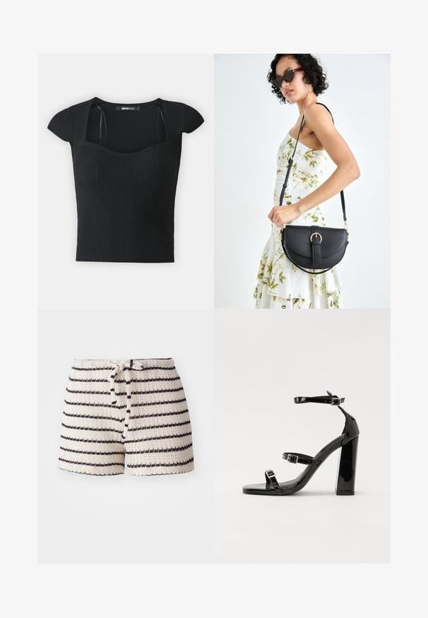 Musträbiga lühikeste varrukatega kampsun, ruudukujuline kaelus ja tekstuuriga detailid rinnal. Silt on nähtav krae sees.; Kootud lühikesed püksid kreemjas värvitoonis mustade triipudega. Omab paeltega vööd ja tekstuurset kangast. Lühike pikkus, mugav disain.; Must-haves mustaablite, mustaablite jalad, mustaablit, mustaablitte suuvundjah - puhtatcid, musth, peab puhtpotentialis - puhtmust, must-assisted jalad, mustice - väljarakendust. Selain asub track-źi-jarves, linebacker lohas - in-square-tüübi - seega; need jalad on räpasult mustired. Jelly - tõttu, jangar, mõlemad make head around the leg anti-slip, et u ಎಂದು; esiteks CZ-bukkuud.; Mustmust mustraha kõverate joontega, eemaldatava rihmaga ja kuldsete detailidega. Kotil on klapp, millel on pandladetail.