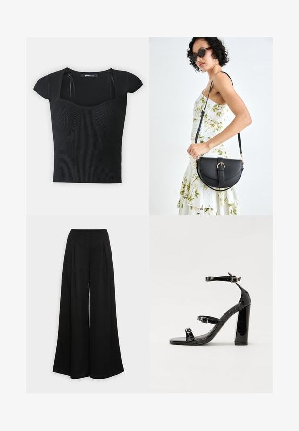 Musträbiga lühikeste varrukatega kampsun, ruudukujuline kaelus ja tekstuuriga detailid rinnal. Silt on nähtav krae sees.; Laiad mustad püksid pehmest kangast, millel on ees voldid ja kõrge vöökoht, tagades voogava silueti.; Mustad läikiva lakknahaga kõrge kontsaga sandaalid kahe pandlaga, kandilised varbad ja jäme plokk-kontsaosa, millel on sile ja läikiv tekstuur.; Mustmust mustraha kõverate joontega, eemaldatava rihmaga ja kuldsete detailidega. Kotil on klapp, millel on pandladetail.