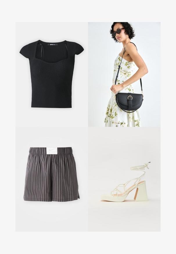 Juodas dryžuotas megztinis su trumpomis rankovėmis, kvadratiniu iškirpimu ir tekstūriniu detalizavimu ant liemens. Etiketė matoma viduje apykaklės.; Pilkas dryžuotas šortai, pagaminti iš lengvos medžiagos, su elastingu juosmeniu ir baltu Nike logotipu priekyje.; Balti aukštakulniai sandalai su masyviu kulnu, su dirželių dizainu ir kulkšnies raiščiu. Lygi tekstūra su platforma priekyje, suteikianti papildomą aukštį.; Juodas odinis krepšys su išlenkta forma, nuimamu dirželiu ir auksiniais detalėmis. Krepšys turi kilpą su sagtimi.