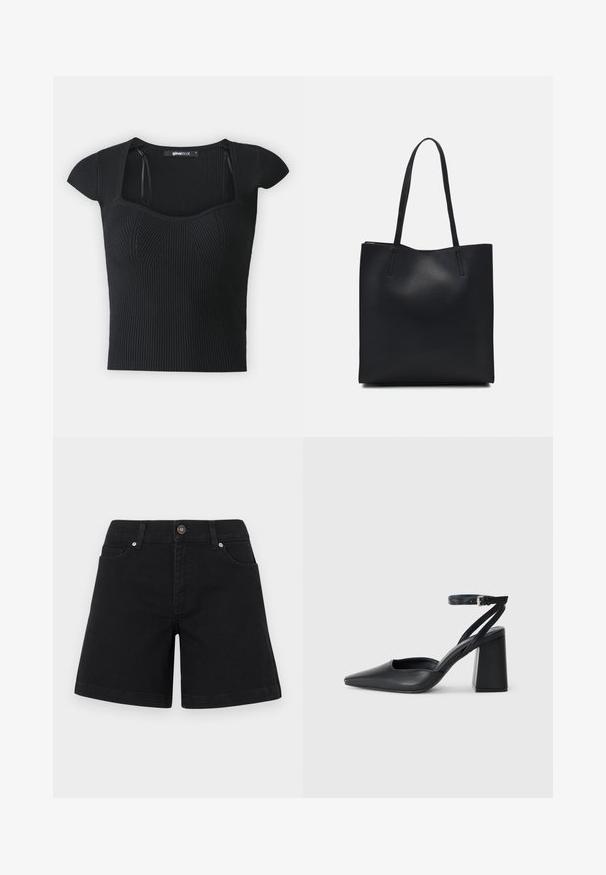 Černý pletený top s krátkými rukávy, čtveratým výstřihem a texturou na těle. Štítek viditelný uvnitř límce.; Černé džínové šortky s rovnou nohavicí, předními kapsami a knoflíkovým zapínáním v pase. Hladká textura a minimalistický styl.; Černé kožené lodičky se špičatou špičkou, kotníkovým páskem a silným podpatkem. Hladká textura, elegantní design a minimalistická estetika.; Černá kožená taška přes rameno s hladkým povrchem, obdélníkovým tvarem a dvěma dlouhými uchy. Žádné viditelné kování ani ozdoby.