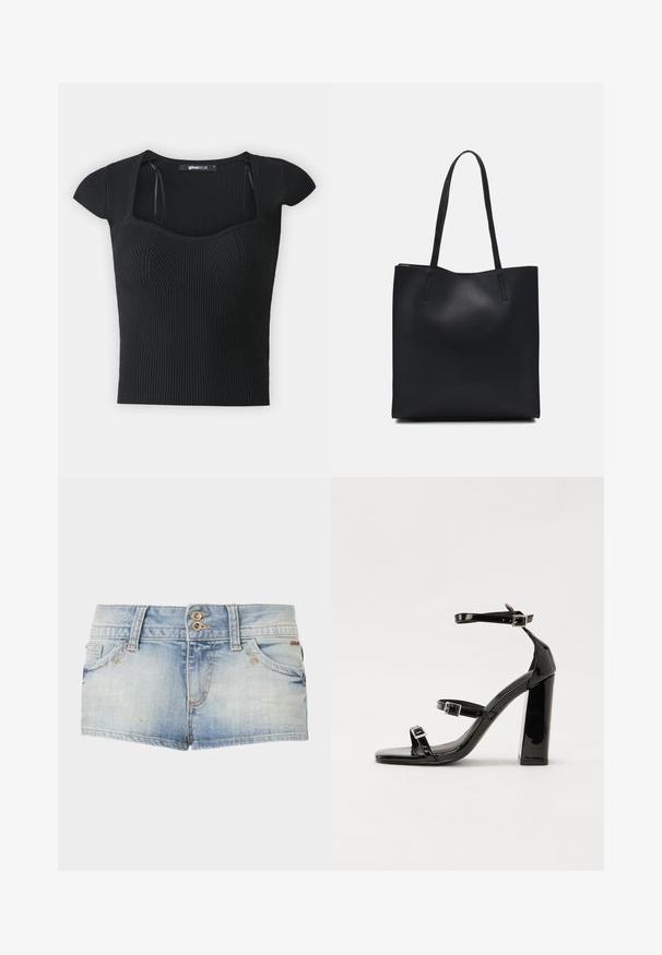 Fekete bordázott kötött felső rövid ujjakkal, négyzet alakú dekoltázzsal és texturált díszítéssel a test részen. Címke látható a gallér belső részén.; BDG Urban Outfitters PIPER - Farmer rövidnadrágok - light vintage; Fekete lakk magas sarkú szandál négyzet alakú orral, bokapántokkal és ezüst csatokat tartalmaz. Masszív blokk sarka a stabilitásért felel.; Fekete bőrtáska sima felszínnel, téglalap alakú, két hosszú füllel. Nincs látható fémkiegészítő vagy díszítés.