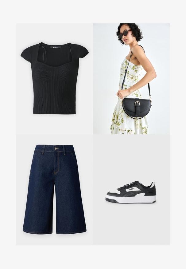 Melnā ribota trikotāžas blūze ar īsām piedurknēm, kvadrātveida izgriezumu un struktūras detaļām uz ķermeņa. Etiķete redzama iekšpusē apkaklītē.; Tumši zili džinsu kuloti ar brīvu piegriezumu. Iespējas ietver priekšējās kabatas, pogu aizdari un kontrastējošu dzeltenu diegu gar šuvēm.; Melnas un baltas sporta kedas ar teksturētu ādas virsu, mīkstu apkakli, aukliņu priekšpusi un biezu balto zoli ar melnu ārējo zoli.; Melnas ādas rokassoma ar izliekta formu, noņemamu siksnu un zelta aksesuāriem. Somai ir vāciņš ar sprādzes detaļu.