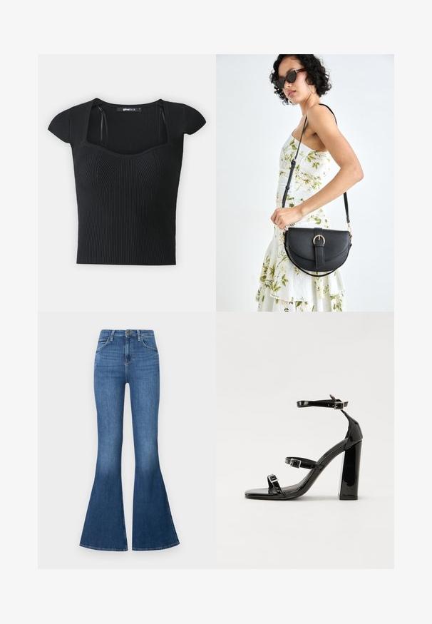 Crna rebrasta pletiva majica s kratkim rukavima, kvadratnim izrezom i teksturiranim detaljima na tijelu. Oznaka vidljiva unutar ovratnika.; Traperice u plavoj boji s visokim strukom, flared kroja s ravnim nogavicama i postupnim širenjem od koljena do obruba, s klasičnim dizajnom pet džepova.; Crne lakirane sandale na visoku petu s dva remena s kopčama, kvadratnim vrhom i masivnom blok petom, s glatkom, sjajnom teksturom.; Crna kožna torba s lukovitim oblikom, odvojivim remenom i zlatnim detaljima. Torba ima preklop s kopčom.