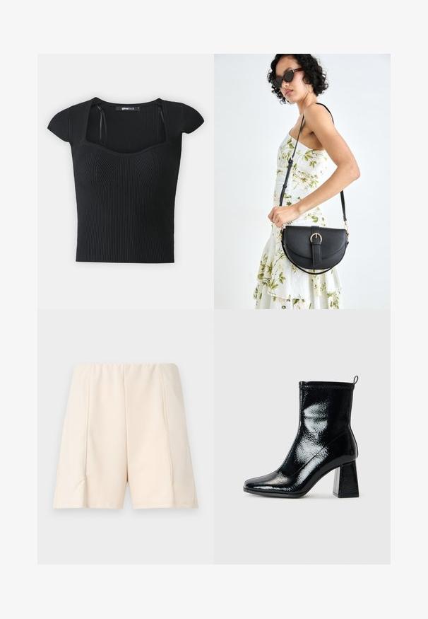 Musta ribbed neulepaita lyhyillä hihoilla, nelikulmaisella kaula-aukolla ja tekstuurilla somistettu yläosa. Tunniste näkyvissä kauluksessa.; Vaaleanbeiget shortsit, joissa on sileä pinta, joustava vyötärö ja sivusaumat. Yksinkertainen muotoilu ilman näkyviä kuvioita tai korostuksia.; Mustat kiiltonahkaiset nilkkurit, joissa on neliskulmainen varvas ja massiivinen geometrinen korko. Ominaisuuksia ovat sileä, kiiltävä pinta ja takana oleva vetotappi helppoa pukemista varten.; Musta nahkainen käsilaukku, joka on kaareva muotoilultaan, irrotettavalla hihnalla ja kultaisilla yksityiskohdilla. Laukussa on läppä, jossa on solk yksityiskohta.