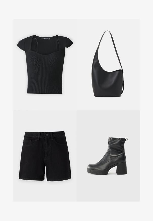 Juodas dryžuotas megztinis su trumpomis rankovėmis, kvadratiniu iškirpimu ir tekstūriniu detalizavimu ant liemens. Etiketė matoma viduje apykaklės.; Juodi džinsiniai šortai su klasikine iškirpte, su priekiniais mygtukais, tradicinėmis kišenėmis ir glotnia tekstūra.; Juodos kulkšninių botai, pagaminti iš lygaus odos, su šoniniu užtrauktuku, masyviu tekstūruotu kulnu ir apvaliu pirštu.; Juodas odinis hobo maišas su lygiu paviršiumi, kreipta forma ir viena reguliuojama rankena; turi platų atidarymą viršuje.
