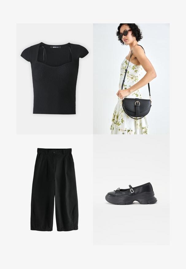 Musträbiga lühikeste varrukatega kampsun, ruudukujuline kaelus ja tekstuuriga detailid rinnal. Silt on nähtav krae sees.; Mustad laiad puuvillased püksid, millel on nupuga kinnitamine, ees voldid ja küljetaskud; sile tekstuur ja vaba lõige.; Must musta Mary Jane musta, millel on ümmargune varvas, paeladetail ja reguleeritav pahkluu rihm. Omab jämedat kummist tallat, millel on kumerad aksendid.; Mustmust mustraha kõverate joontega, eemaldatava rihmaga ja kuldsete detailidega. Kotil on klapp, millel on pandladetail.