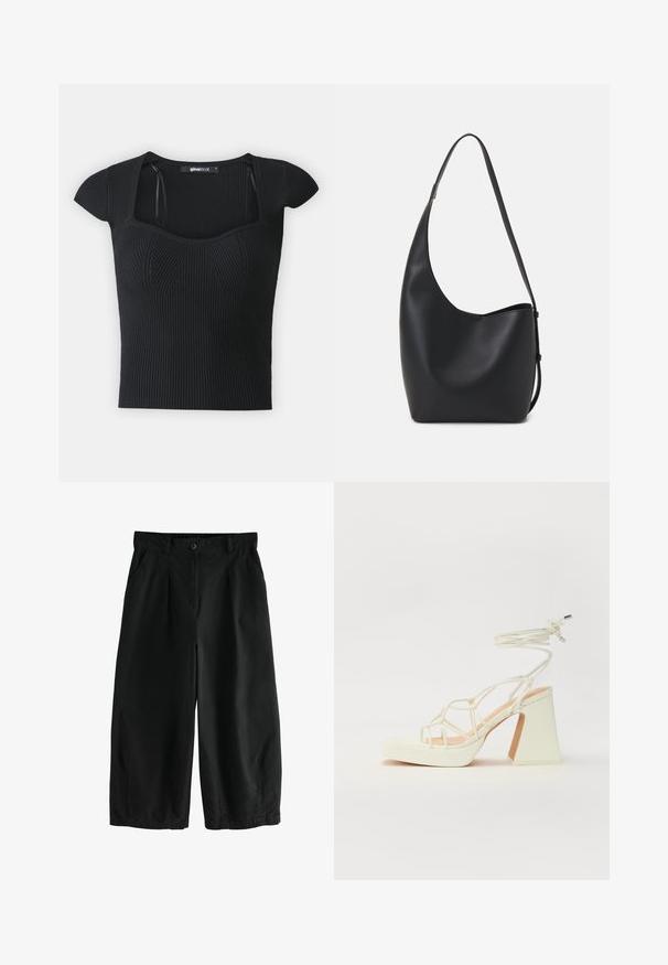 Juodas dryžuotas megztinis su trumpomis rankovėmis, kvadratiniu iškirpimu ir tekstūriniu detalizavimu ant liemens. Etiketė matoma viduje apykaklės.; Juodi plačios kojų kelnės, pagamintos iš medvilnės, su mygtuku, priekinėmis klostėmis ir šoninėmis kišenėmis; glotni tekstūra ir laisvas kirpimas.; Balti aukštakulniai sandalai su masyviu kulnu, su dirželių dizainu ir kulkšnies raiščiu. Lygi tekstūra su platforma priekyje, suteikianti papildomą aukštį.; Juodas odinis hobo maišas su lygiu paviršiumi, kreipta forma ir viena reguliuojama rankena; turi platų atidarymą viršuje.