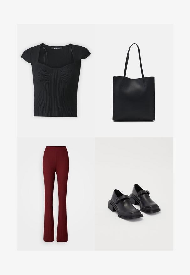 Melnā ribota trikotāžas blūze ar īsām piedurknēm, kvadrātveida izgriezumu un struktūras detaļām uz ķermeņa. Etiķete redzama iekšpusē apkaklītē.; Burgundijas krāsas plati bikses ar ribotu tekstūru, ar elastīgu jostu un pilna garuma dizainu.; Melnas ādas kurpes ar noapaļotu purngalu, plakanu zoli un siksniņu ar sprādzi. Masīvs bloku papēdis papildu stabilitātei.; Melnas ādas somiņa ar gludu tekstūru, taisnstūra formu un divām garām rokturiem. Nav redzamu aparatūras vai rotājumu.