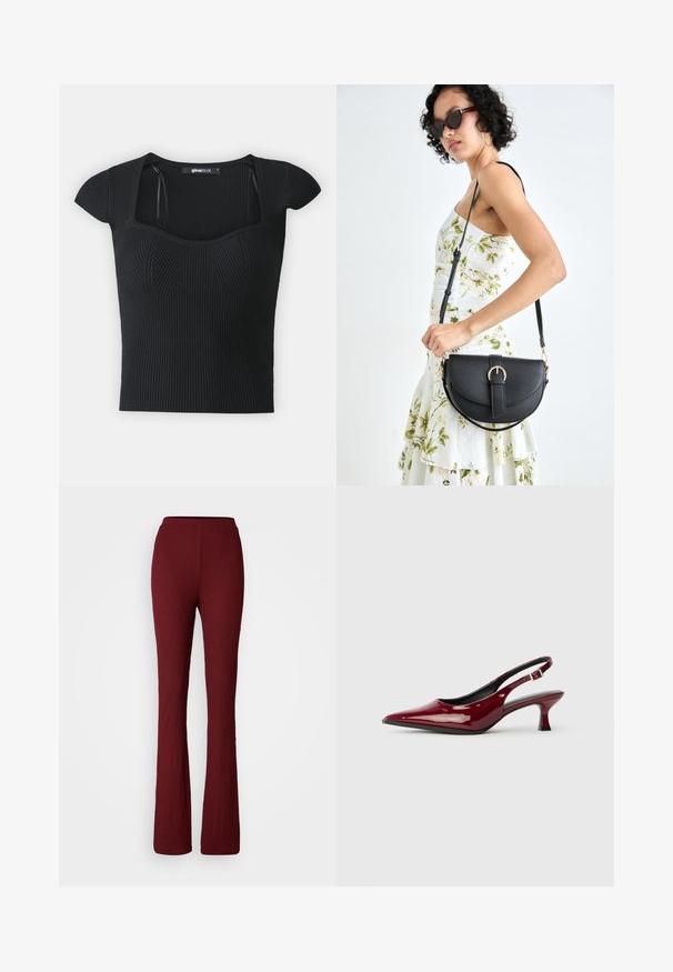Čierny rebrovaný pletený top s krátkymi rukávmi, štvorcovým výstrihom a textúrovanými detailmi na korzete. Etiketa viditeľná vo vnútri goliera.; Burgundské široké nohavice s rebrovanou textúrou, zdobené elastickým pásom a dlhým strihom.; Burgundské patentované kožené slingback podpätky s špicatou špičkou a elegantným stiletto podpätkom. Dizajn s otvorenou zadnou časťou s nastaviteľným detailom na členkovom remienku.; Čierna kožená kabelka s zaobleným tvarom, odnímateľným popruhom a zlatými doplnkami. Kabelka má klopu s detailom s prackou.