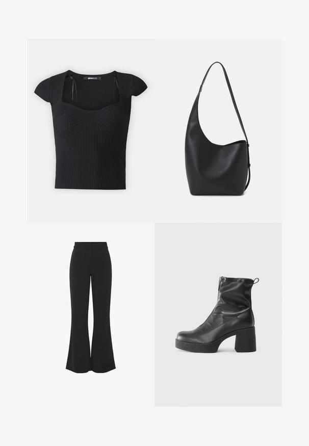 Juodas dryžuotas megztinis su trumpomis rankovėmis, kvadratiniu iškirpimu ir tekstūriniu detalizavimu ant liemens. Etiketė matoma viduje apykaklės.; Juodos plačios kelnės, pagamintos iš lygaus audinio, su prigludusia juosena, šoninėmis kišenėmis ir švaria priekine raukšle, suteikiančia elegantišką išvaizdą.; Juodos kulkšninių botai, pagaminti iš lygaus odos, su šoniniu užtrauktuku, masyviu tekstūruotu kulnu ir apvaliu pirštu.; Juodas odinis hobo maišas su lygiu paviršiumi, kreipta forma ir viena reguliuojama rankena; turi platų atidarymą viršuje.