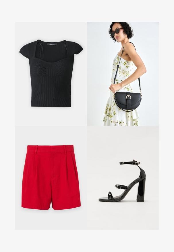 Top en tricot côtelé noir à manches courtes, décolleté carré et détails texturés sur le buste. Étiquette visible à l'intérieur du col.; Shorts en lin rouges avec une taille haute, présentant des plis à l'avant, des passants de ceinture et une texture lisse. Coupe régulière avec un design épuré et conforme.; Sandales à talons vernies noires avec un bout carré, des sangles autour de la cheville et des boucles en argent. Dotées d'un talon bloc épais pour plus de stabilité.; Sac à main en cuir noir avec une forme courbée, bandoulière amovible et des accessoires en or. Le sac est doté d'un rabat avec un détail de boucle.