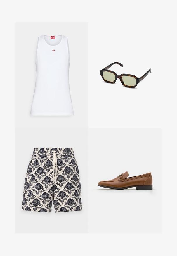 Vit ärmlös linne i mjukt tyg. Har en rund halsringning och en liten röd "D"-logotyp i mitten.; Tryckta shorts i krämfärg med ett marinblått blommönster, med resårmidja och snörning, tillverkade av lättviktsmaterial.; Bruna läderloafers med platt klack, med en dekorativ metallaccent på framsidan, stilren design och slät textur.; Sköldpaddsfärgade solglasögon med grönt tonade linser, rektangulär form, breda bågar och glatt yta. Accenter på stängerna.; Silver metall klocka med en borstad blå urtavla, vita timmarkörer och en datumvisning. Har ett länkande metallarmband och varumärkeslogotyp.