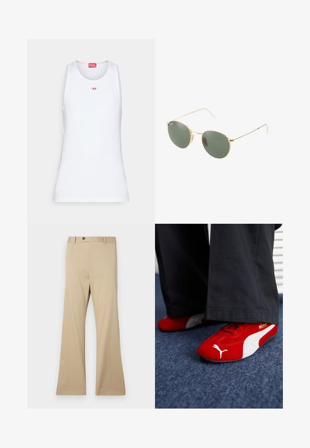 Balta be rankovių marškinėlių su lygiu audiniu. Yra apvalus iškirpimas ir mažas raudonas "D" logotipas centre.; Šviesiai rudos spalvos klostuoti kelnės, pagamintos iš lygios medžiagos. Įrengtas mygtukų uždarymas, priekiniai kišenės ir pritaikytas siluetas per klubus, pereinantis į plačią kojelę.; Raudoni zomšiniai sportbačiai su baltais akcentais, turintys tekstūruotą medžiagą, apvalią nosį ir auksinį logotipą šone, dėvimi su juodomis kelnėmis.; Auksiniai metaliniai akiniai nuo saulės su žaliais lęšiais, apvalios formos, ploni pametai ir balti plastikiniai akcentai ant rankenų galiukų.