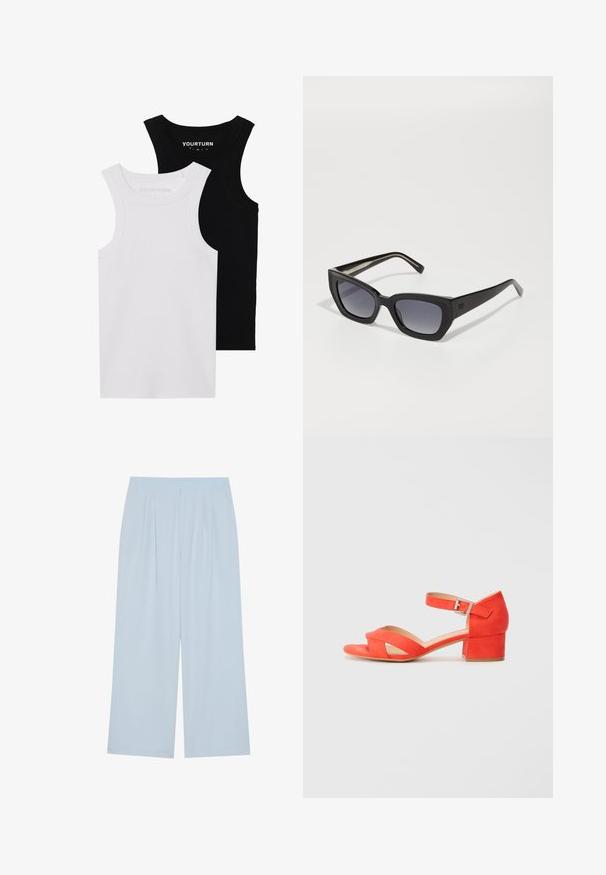 Divi pieguļoši iedobumi melnā un baltā krāsā. Izgatavoti no ribota kokvilnas, tiem ir platai siksnas un apaļi kakli. Zīmols uz apkakles.; Gaiši zili platās bikses, izgatavotas no gludas auduma, ar priekšējām krokām un elastīgu jostasvietu komfortam.; Apelsīnu zamšādas sandaļi ar blokveida papēdi, ar krustveida jostām un potītes siksniņu ar sudraba sprādzi. Plakana zole.; Melnais kaķacīša stila saulesbrilles ar gradienta lēcām, resniem rāmjiem un taisnām kājām. Uz tempļiem ir maiga logo.; Sarkans ādas rokassomi ar stūrainu, ģeometrisku dizainu. Iekļauj vienu regulējamu siksnu un vāku ar izšūtu detaļu.