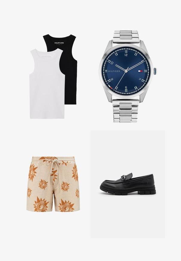 Två figurnära linnen i svart och vitt. Tillverkade av ribbat bomull, de har breda axelband och rundad halsringning. Logotypen finns på kragen.; Beige handduksshorts med ett mönster av sol och yin-yang i rostorange. Elastisk midja med dragsko, mjuk textur och längd till mitten av låret.; Svart läderloafersko med rund tå, en dekorativ rem och hårdvara, samt en chunky texturerad sula. Slät finish med subtila detaljer.; Silver metall klocka med en borstad blå urtavla, vita timmarkörer och en datumvisning. Har ett länkande metallarmband och varumärkeslogotyp.; Silverfärgad kedjohalsband med tjocka länkar och en central rund berlock med intrikata detaljer. Slät, reflekterande metallyta.