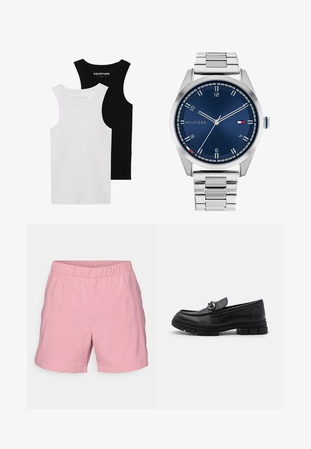 Kaks sobivat tanktoppi mustas ja valges. Valmistatud ribades puuvillast, neil on laiad rihmad ja ümarad kaelused. Bränding krael.; Roosa lühikesed püksid elastse vöökoha, ühtlase tekstuuri ja mugava istuvusega. Omab küljetaskuid ja sirget serva.; Must hästnahkade läiked, millel on ümar nina, dekoratiivne rihm ja hõbedased detailid ning paks tekstureeritud talla. Sile viimistlus koos peente detailidega.; Hõbedane metallkell harjatud sinise sfääri, valgete tunnimarkerite ja kuupäeva kuvamisega. Omab kinnitatud metallist rihma ja kaubamärgi logo.; Hõbedane kettkaelakee, millel on paksud lingid ja keskel keeruka detailidega ümmargune ripats. Sile, peegeldav metallpind.