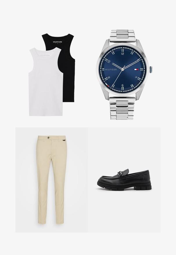 Divi pieguļoši iedobumi melnā un baltā krāsā. Izgatavoti no ribota kokvilnas, tiem ir platai siksnas un apaļi kakli. Zīmols uz apkakles.; Antony Morato TROUSERS MARK SLIM FIT - Chinos tipa bikses - sand; Melnas ādas loafer kurpes ar noapaļotu purngalu, dekoratīvu jostu un aparatūru, kā arī masīvu teksturētu zoli. Gluda virsma ar smalkām detaļām.; Sudraba metāla pulkstenis ar apstrādātu zilu ciparnīcu, baltām stundu atzīmēm un datuma displeju. Iespējo saistīta metāla josla un zīmola logo.; Sudraba ķēdes kaklarota ar bieziem gredzeniem un centrālu apļa kulonu ar sarežģītu detaļu izstrādi. Gluda, atstarojoša metāla virsma.