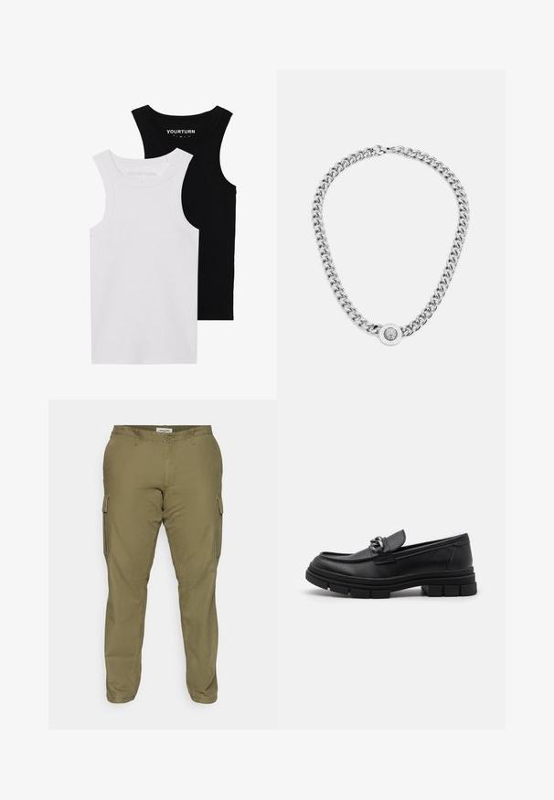 Kaks sobivat tanktoppi mustas ja valges. Valmistatud ribades puuvillast, neil on laiad rihmad ja ümarad kaelused. Bränding krael.; Oliivroheline cargo püksid, mis on valmistatud puuvilla segakangast. Omavad külgpocketeid, vöölingi ja sirget sääre disaini. Sujuv tekstuur.; Must hästnahkade läiked, millel on ümar nina, dekoratiivne rihm ja hõbedased detailid ning paks tekstureeritud talla. Sile viimistlus koos peente detailidega.; Hõbedane kettkaelakee, millel on paksud lingid ja keskel keeruka detailidega ümmargune ripats. Sile, peegeldav metallpind.