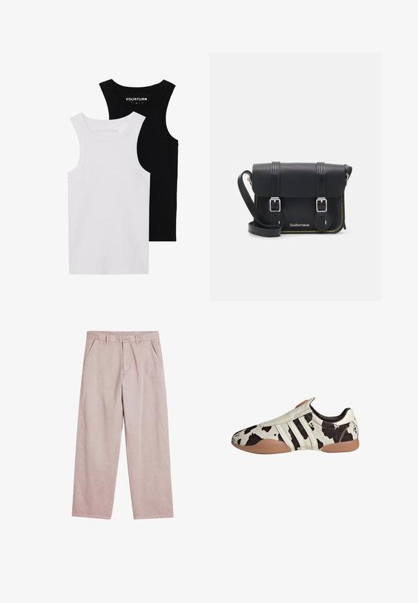 Två figurnära linnen i svart och vitt. Tillverkade av ribbat bomull, de har breda axelband och rundad halsringning. Logotypen finns på kragen.; Ljusrosa vida byxor i mjukt tyg, med framfickor och knäppning, samt subtila sömnadsdetaljer.; Svarta och vita mönstrade läderskor med en texturerad yta, med tre vita horisontella ränder och en brun gummisula.; Svart läder crossbody-väska med lock, två silverfärgade spännen, gula syddningar och justerbar rem. Har en slät textur och kompakta mått.