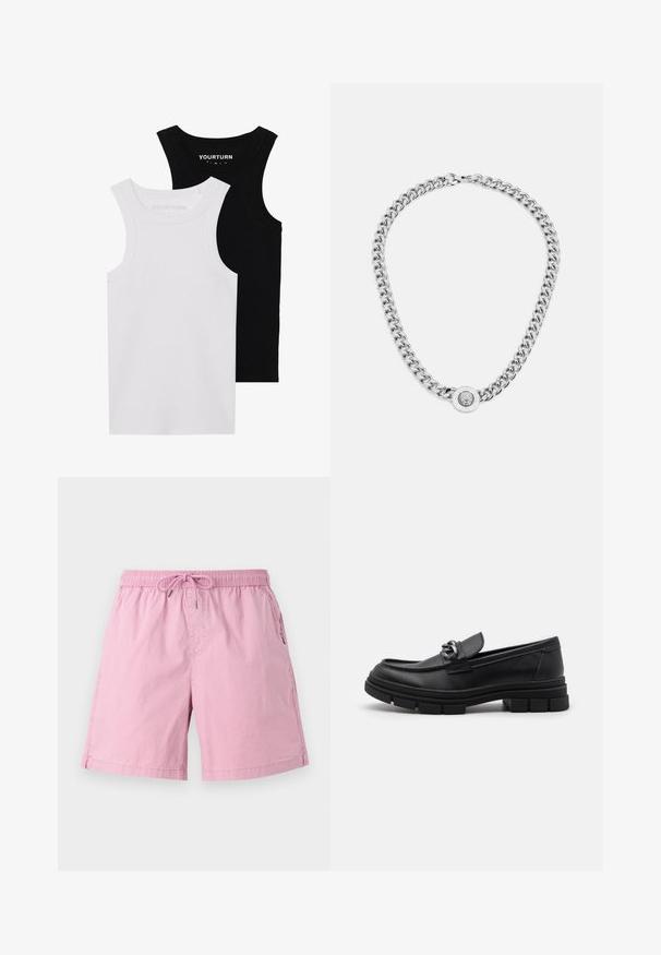Δύο εφαρμοστά αμάνικα μπλουζάκια σε μαύρο και άσπρο. Φτιαγμένα από ριγέ βαμβάκι, διαθέτουν φαρδιές τιράντες και στρογγυλές λαιμουδιές. Ένδειξη μάρκας στον γιακά.; Ανοιχτό ροζ μαγιό με ελαστική μέση και κορδόνι, με πλάγιες τσέπες και άνετη εφαρμογή. Απαλό βαμβακερό υλικό.; Μαύρο δερμάτινο λόφερ με στρογγυλή μύτη, διακοσμητική λωρίδα και μεταλλικά στοιχεία, καθώς και χοντρή υφή σόλα. Λείος φινιρίσματος με διακριτικές λεπτομέρειες.; Ασημένια αλυσίδα λαιμού με παχιά κρίκους και κεντρικό κυκλικό με pendant με περίπλοκες λεπτομέρειες. Λείο, ανακλαστικό μεταλλικό επιφάνεια.
