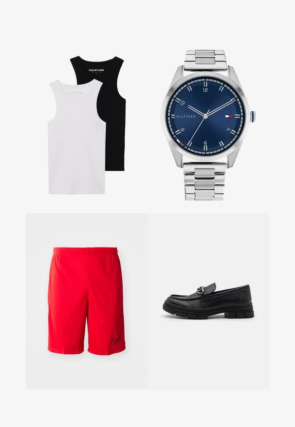 Twee getailleerde tanktops in zwart en wit. Gemaakt van geribbelde katoen, ze hebben brede schouderbanden en afgeronde halslijnen. Merken op de kraag.; Rode sportshorts gemaakt van lichtgewicht stof, met een zwart logo-accent, een elastische tailleband en zijsplitten voor verbeterde luchtstroom.; Zwarte leren instapper met een ronde neus, een decoratieve band en hardware, en een chunky, gestructureerde zool. Glad afwerking met subtiele details.; Zilveren metalen horloge met een geborstelde blauwe wijzerplaat, witte uurmarkeringen en een datumweergave. Voorzien van een geschakelde metalen band en het logo van het merk.; Zilveren ketting met dikke schakel en een centraal ronde hanger met ingewikkelde details. Gladde, reflecterende metalen oppervlakte.