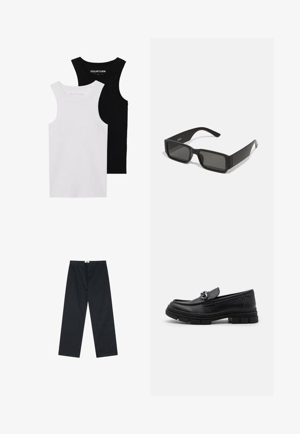 Dva prilegača topa v črni in beli barvi. Narejena iz rebrastega bombaža, imata široke naramnice in zaobljene izreze. Oznaka na ovratniku.; Črne bombažne hlače s ravnim krojem, opremljene z gumbom in preprostim pasom. Brez vzorcev ali dodatnih poudarkov.; Črni usnjeni loaferji z zaobljenim nosom, dekorativnim trakom in dodatki ter debelim teksturiranim podplatom. Gladek zaključek s subtilnimi detajli.; Črne sončne očala z pravokotnimi lečami, mat plastični okvir in ravne robove. Izdelki imajo logotip blagovne znamke na notranji strani ročaja.; Srebrna verižica z дебелыми povezavami in osrednjim krožnim obeskom z zapletenim detajliranjem. Gladka, odsevna površina kovine.