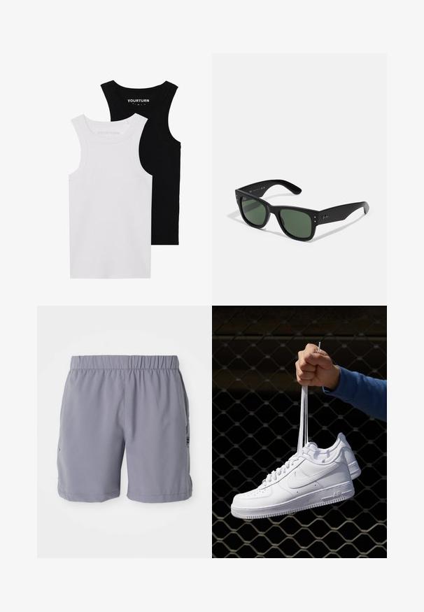 Duas camisetas justas na cor preta e branca. Feitas de algodão canelado, apresentam alças largas e decotes arredondados. Logotipo na gola.; Calções desportivos cinzentos com um cós elástico, apresentando bolsos laterais e um tecido leve e suave. Adequados para desportos e uso casual.; Sapatilhas de couro branco com perfurações, biqueira redonda, sola plana e atacadores grossos, apresentando um logotipo swoosh visível e "AIR" no calcanhar.; Óculos de sol retangulares pretos com lentes verdes, acabamento mate, detalhes de hardware discretos e logótipo em relevo na armação.