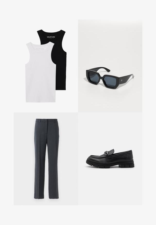 Twee getailleerde tanktops in zwart en wit. Gemaakt van geribbelde katoen, ze hebben brede schouderbanden en afgeronde halslijnen. Merken op de kraag.; Donkergrijze streeppatroon pantalon met rechte pijpen, riemlussen en voorrits sluiting op een witte achtergrond.; Zwarte leren instapper met een ronde neus, een decoratieve band en hardware, en een chunky, gestructureerde zool. Glad afwerking met subtiele details.; Zwarte oversized zonnebril met een geometrisch ontwerp, rechthoekige lenzen en een glanzende afwerking. Geen zichtbare branding aan de voorkant.; Witte parelketting met een gladde textuur, voorzien van een zilveren sluiting met het ingedrukte woord "HUGO." Evenveel gekleurde parels in een klassiek ontwerp.