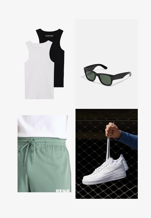 Dvoubarevné upnuté topy bez rukávů v černé a bílé barvě. Vyrobené z žebrované bavlny, mají široká ramínka a zaoblené výstřihy. Branding na límci.; Světle zelené síťované kraťasy s elastickým pasem a šňůrkou. Obsahují malé perforace pro prodyšnost a detail s bílým logem.; Bílé kožené tenisky s perforacemi, kulatou špičkou, plochou podrážkou a silnými tkaničkami, které mají viditelné logo swoosh a nápis "AIR" na patě.; Černé obdélníkové sluneční brýle se zelenými skly, matným povrchem, nenápadnými kovovými akcenty a Embosovaným logem na stranicích.
