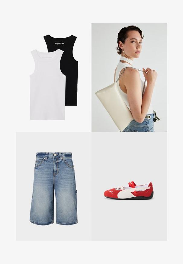 To passformerede tanktopper i sort og hvid. Lavet af ribbet bomuld, de har brede stropper og afrundede halsudskæringer. Branding på kraven.; Lys blå denimshorts med en avslappet passform. Funksjoner inkluderer en knappåpning, beltehemper og flere lommer med synlig søm.; Røde og hvite skinnsko med lav profil, med elastiske remmer og en strukturert svart gummisåle. Puma-logo på siden.; Hvit rektangulær clutch-veske laget av blankt materiale, med en sølvkjede-stropp. Modellen poserer og viser vesken mot en ensfarget bakgrunn.