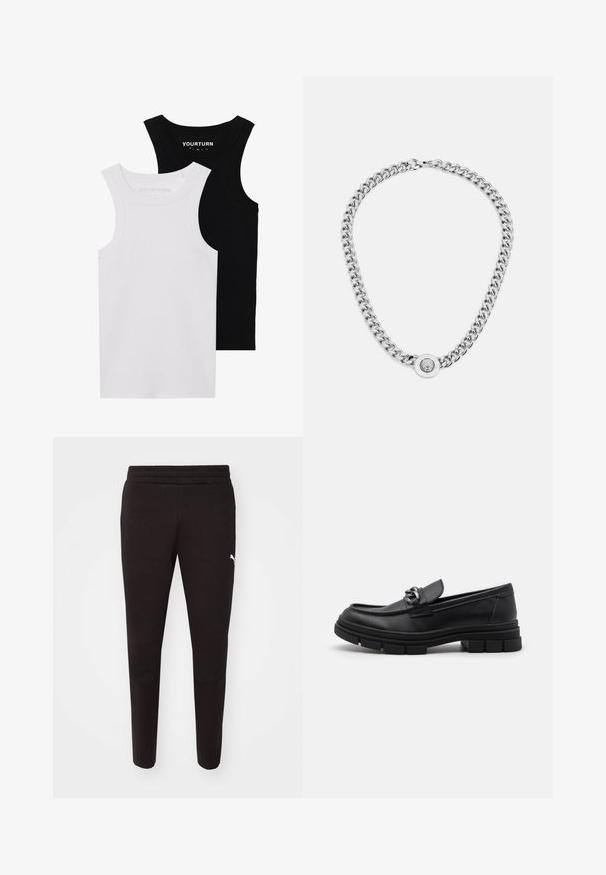 Dve priliehavé tielka v čiernej a bielej farbe. Vyrobené z rebrovanej bavlny, majú široké ramienka a okrúhle výstrihy. Značka na golieri.; Čierne tepláky s úzkym strihom, elastickým pásom a bielym logom na ľavom stehne. Vyrobené z mäkkej, textúrovanej tkaniny.; Čierne kožené mokasíny s okrúhlym špičkou, dekoračným pásikom a kovovými prvkami, a robustnou textúrovanou podrážkou. Hladký povrch s jemnými detailami.; Strieborný náhrdelník s reťazou, ktorý má hrubé články a centrálny kruhový pendant s zložitými detailmi. Hladký, odrazový povrch z kovu.