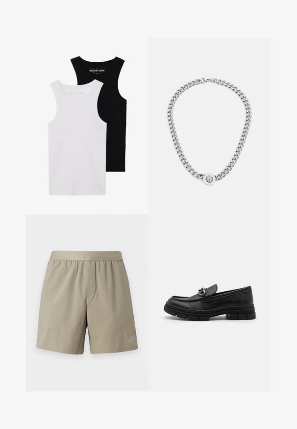 Two fitted tank tops in black and white. Made of ribbed cotton, they feature wide straps and rounded necklines. Branding on the collar.; Beige athletic shorts with an elastic waistband, a single front pocket, and a logo on the lower right side. Smooth, lightweight fabric.; Black leather loafer with a rounded toe, a decorative strap and hardware, and a chunky textured sole. Smooth finish with subtle detailing.; Silver chain necklace featuring thick links and a central circular pendant with intricate detailing. Smooth, reflective metal surface.