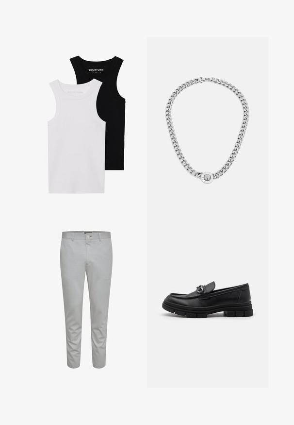 Két testhez simuló trikó fekete és fehér színben. Bordázott pamutból készült, széles pántokkal és kerek kivágással rendelkezik. A galléron logó található.; Világosszürke, szabott nadrág sima textúrával, gombos zárással, övhurkokkal és elülső zsebekkel. Rövidített bokáig érő kialakítás.; Fekete bőr mokaszín, lekerekített orral, díszes pánttal és fém kiegészítővel, valamint vastag, texturált talppal. Simább felület, finom részletezéssel.; Ezüst lánc nyaklánc, vastag gyűrűkkel és középen egy részletes díszítéssel ellátott kör alakú medállal. Simára polírozott, fényes fémfelület.