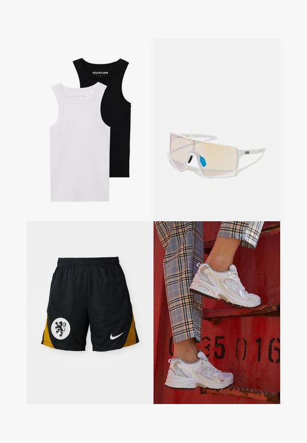 Two fitted tank tops in black and white. Made of ribbed cotton, they feature wide straps and rounded necklines. Branding on the collar.; Black athletic shorts featuring a yellow accent panel, a white circular emblem with a black lion, and a white Nike logo on the hem.; White mesh sneakers with silver accents and a textured sole, positioned on a red surface, paired with plaid trousers.; White-framed sunglasses with large, gradient lenses featuring a pink to light orange tint, accentuated by a blue nose piece and logo detail.