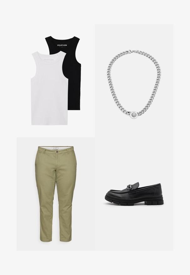 Kaksi muotoiltua tanktoppausta mustana ja valkoisena. Ne on valmistettu ribbitrikoosta ja niissä on leveät hihnat sekä pyöristetyt kaula-aukot. Brändäys kauluksessa.; Khaki chinos, joissa on kapea malli, etupainikekiinnitys, vyölenkit ja sivutaskut. Silkkinen puuvillakangas, jolla on pehmeä rakenne.; Musta nahkaloaferi pyöreällä varvalla, koristeellisesti varustetulla hihnalla ja metalliosilla sekä paksulla, teksturoidulla pohjalla. Sileä pinta hienovaraisin yksityiskohdin.; Hopeaketju, jossa on paksuja lenkkejä ja keskellä hienostuneesti yksityiskohtainen pyöreä riipus. Sileä, heijastava metallipinta.