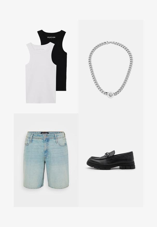 Dos tops de tirantes ajustados en negro y blanco. Están hechos de algodón acanalado, cuentan con tirantes anchos y escote redondeado. Con la marca en el cuello.; Shorts de mezclilla azul claro con un diseño clásico de cinco bolsillos, cierre de botón y una textura ligeramente deslavada. Etiqueta de JACKET & JONES visible en la cinturilla.; Mocasín de cuero negro con punta redondeada, una correa decorativa con herrajes y una suela gruesa y texturizada. Acabado suave con detalles sutiles.; Collar de cadena plateada con eslabones gruesos y un colgante circular central con intrincados detalles. Superficie de metal lisa y reflectante.