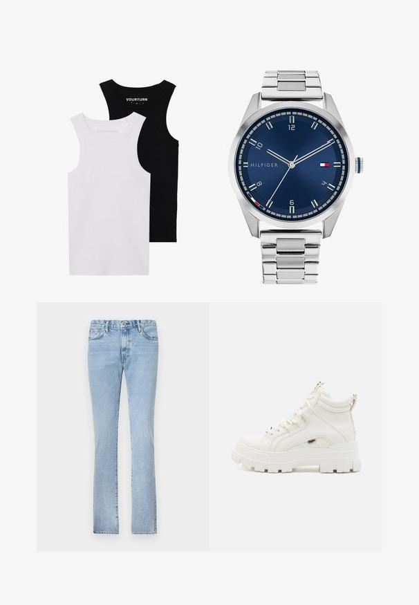 Kaks sobivat tanktoppi mustas ja valges. Valmistatud ribades puuvillast, neil on laiad rihmad ja ümarad kaelused. Bränding krael.; Heledad sinine teksad sirge jala lõikega, viie taskuga disain ja nööbiga sulgemine. Sile tekstuur ja ühtlane pleekimine kogu ulatuses.; Valged pahkluu kõrgused tennisetsid, millel on tekstuurne viimistlus, paks kummitald ja pehme krae. Omab lipsudega suletud disaini ja logo aktsenti.; Hõbedane metallkell harjatud sinise sfääri, valgete tunnimarkerite ja kuupäeva kuvamisega. Omab kinnitatud metallist rihma ja kaubamärgi logo.