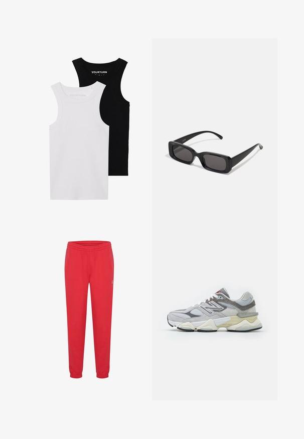 Zwei figurbetonte Tanktops in Schwarz und Weiß. Aus geripptem Baumwollmaterial hergestellt, verfügen sie über breite Träger und runde Ausschnitte. Branding am Kragen.; Rote Sweatpants aus weichem Stoff, mit elastischem Bund und Bündchen an den Knöcheln, sowie einem kleinen, weißen Logodetail an der Seite.; Graue Wildleder- und Mesh-Sneaker mit einer dicken weißen und beigen Sohle, ausgestattet mit einem auffälligen weißen Logo und roten Akzentdetails.; Schwarze rechteckige Sonnenbrille mit dunklen Gläsern, glänzender Oberfläche, breiten Bügeln und einem klobigen Rahmen-Design. Gravierter Markenname auf einem Bügel.