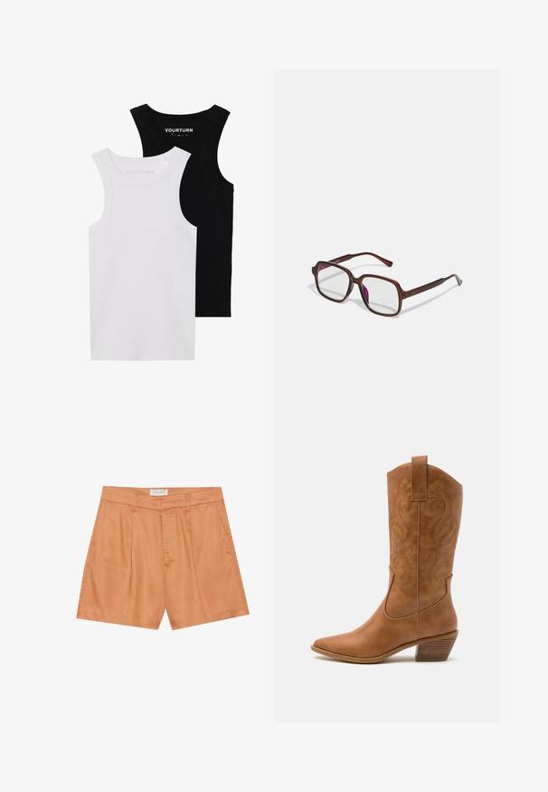 To fitted tanktoppe i sort og hvid. De er lavet af ribbet bomuld og har brede stropper og rund halsudskæring. Branding på kraven.; Orange plisserede shorts lavet af glat stof, med en lynlås foran, bæltestropper og sidelommer. Mærket siger "ANNA FIELD."; Tan læder cowboystøvle med spids tå, broderede svirvelmønstre på skaftet og en stablet blokhæl. Har en træksløjfe for nem af/på.; Brune, rektangulære briller med gennemsigtige linser og lilla nuancer. Glat plastisk stel med lige tempelstænger og diskrete detaljer.; Sølv hoop øreringe med en glat, poleret overflade. Rund form og sikker klik-lukning. Letvægtsdesign, der er velegnet til hverdagsbrug.