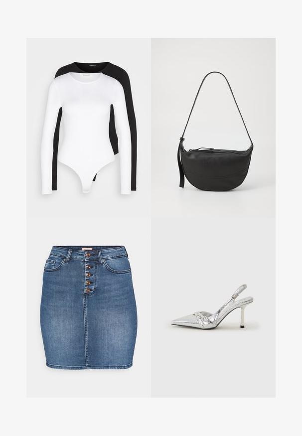 Bodies de mangas longas em preto e branco com decote redondo. Feito de tecido macio e elástico, apresenta uma parte inferior estilo fio dental e mangas justas.; S saia de jeans de azul médio com uma silhueta ajustada. Apresenta um fecho frontal de cinco botões, dois bolsos frontais e uma bainha costurada.; Sapato de salto alto slingback prateado com bico fino, acabamento metálico, duas correias decorativas e um salto esbelto com ponta preta.; Bolsa de ombro em couro preto com formato curvo, alça única, fecho com zíper e sutis detalhes de costura ao longo do corpo.