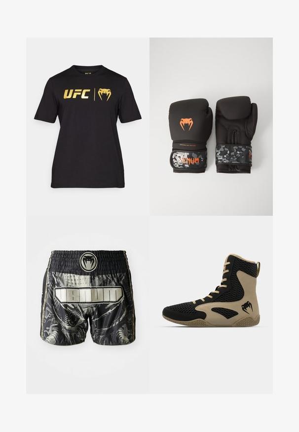 Tricou scurt cu mânecă neagră, din bumbac, cu logo-ul UFC aurit și grafică cu șarpe pe față. Gât rotund și croială standard.; Shorts cu un model negru și gri, cu talie elastică, având un logo și textul "VENUM" dintr-un material îndrăzneț și strălucitor.; Pantofă sport de tip high-top cu un exterior din plasă neagră și accente bej. Talpă din cauciuc texturat și detaliu logo pe lateral.; Mănuși de box negre cu un finisaj mat și design ergonomic. Detalii cu logo portocaliu și curele pentru încheietură cu model de camuflaj.