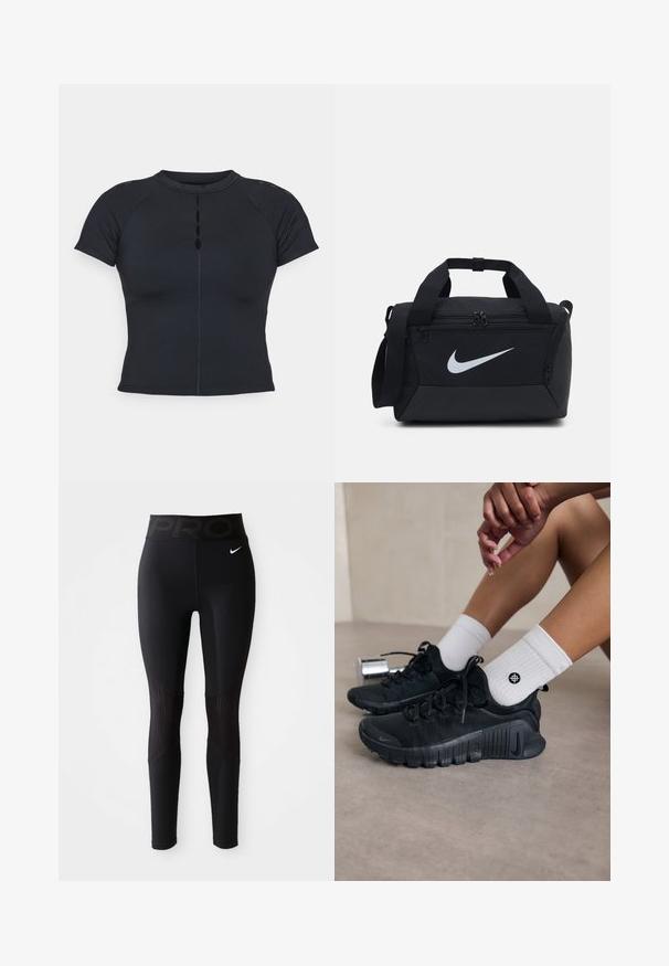 Top scurt negru cu mânecă scurtă și guler înalt, detaliu cu nasturi în față, fabricat dintr-un material elastic, având mâneci raglan și cusături plate.; Leggings atletice negre cu o talie lată, prezentând textul "PRO", cu o textură netedă și detalii ribbat pe laterale.; Pantofi sport negri din material texturat, cu un design cu sireturi și o talpă proeminentă, asortați cu șosete albe cu model cu nervuri, având un mic logo.; Geantă de voiaj neagră dintr-un material neted, cu compartimente cu fermoar dublu, mânere căptușite și un mare logo alb Nike pe față.