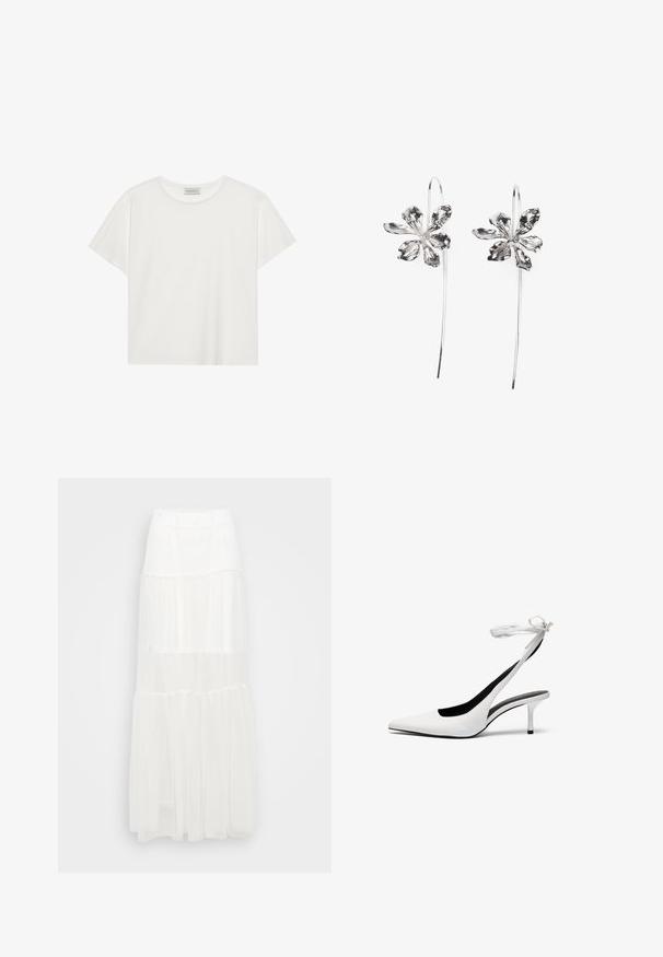 T-shirt blanc à manches courtes en coton doux. Présente un col rond et une coupe décontractée. Design épuré sans motifs ni accents visibles.; Jupe maxi blanche à volants avec une taille élastique. Fabriquée en tissu léger, elle présente des couches semi-transparentes et un design fluide.; Talons aiguilles blanches à bout pointu avec une fine sangle à la cheville. Matériau en cuir lisse, talon aiguille fin et doublure intérieure noire.; Boucles d'oreilles en argent en forme de fleur avec une finition texturée, présentant de longs crochets et des détails en forme de pétales pour un design complexe.