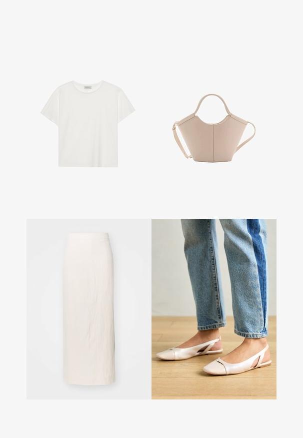 White short-sleeve T-shirt made of soft cotton. Features a round neckline and relaxed fit. Clean design with no visible patterns or accents.; Cream-colored linen skirt with a straight silhouette, knee-length. Features a clean waistband and subtle texture. No visible hardware or accents.; Pale pink slingback flats with a pointed toe, made from a smooth leather-like material. Features cut-out details at the sides and a flat heel.; Beige leather handbag with a unique shape, featuring two short handles and a long adjustable strap. Smooth texture with minimal hardware.