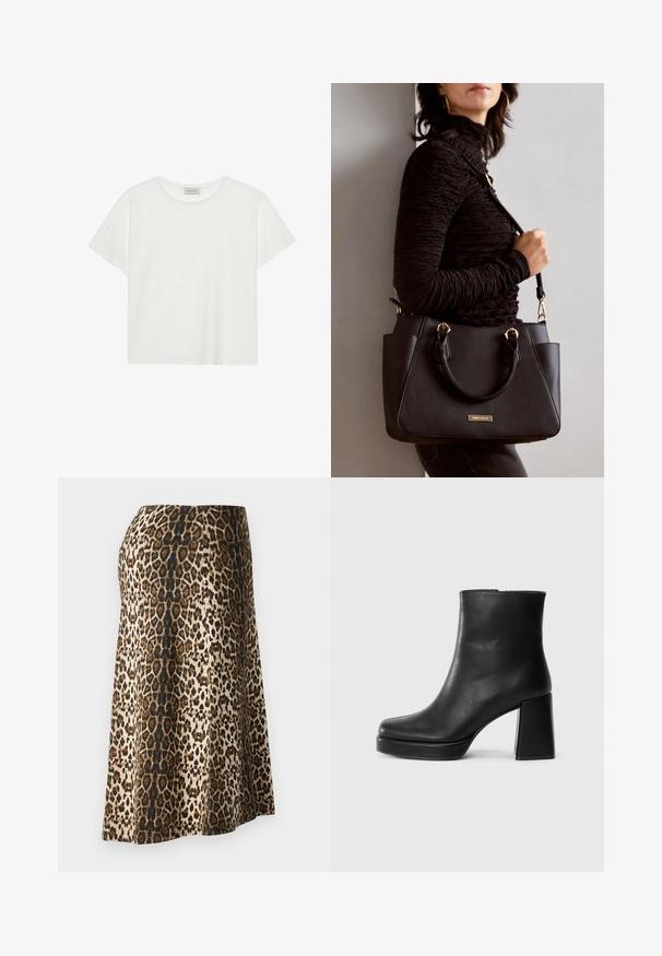 White short-sleeve T-shirt made of soft cotton. Features a round neckline and relaxed fit. Clean design with no visible patterns or accents.; Leopard print skirt with a soft, smooth texture; colors include beige, black, and brown; ankle-length with a fitted waist.; Black leather ankle boot with a block heel and platform sole, viewed from the side on a plain white background.; Black handbag with textured surface, dual top handles, and adjustable shoulder strap. Features gold-tone hardware and side pockets.