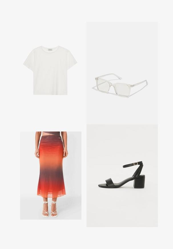 Hvid kortærmet T-shirt lavet af blødt bomuld. Har en rund halsudskæring og en afslappet pasform. Rent design uden synlige mønstre eller accenter.; Lang, tætsiddende nederdel i en gradient fra orange til rød, lavet af et let, gennemsigtigt stof. Udsmykket med et lille logo på linningen.; Sort hæl sandal med en glat læderoverdel, åben tå, brede frontstropper og justerbar ankelrem med detaljer i guldfarve.; Klare plastiske briller med firkantet ramme og gennemsigtige linser, der har guld accenter på tempelstængerne for ekstra detaljer.